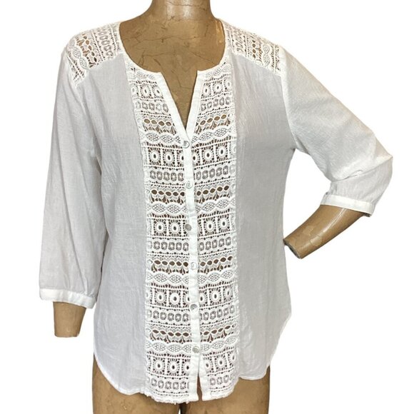 Chico's White 100% Cotton Crochet-Button-Up Peasant Top Sz 2 (L/12) #304F - Picture 2 of 8